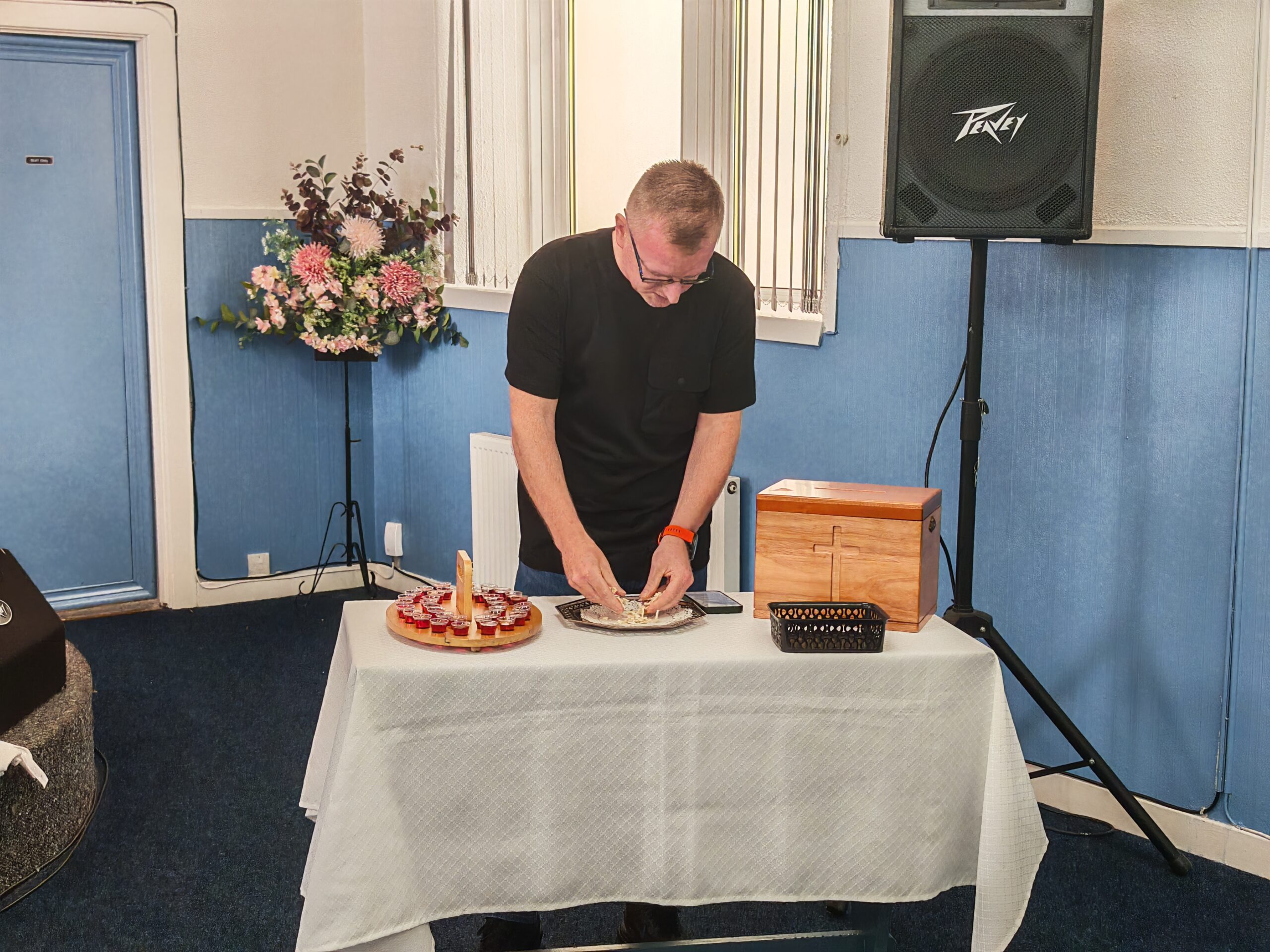 Preparing communion at Prospecthill Christian Fellowship